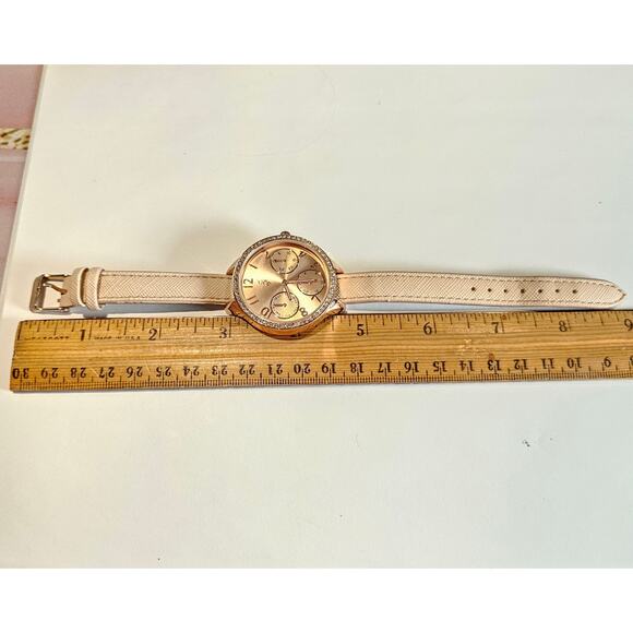 Women's JS Quartz Watch Rose Gold Dial Crystal Bezel Faux Leather Band 38mm - Picture 8 of 13